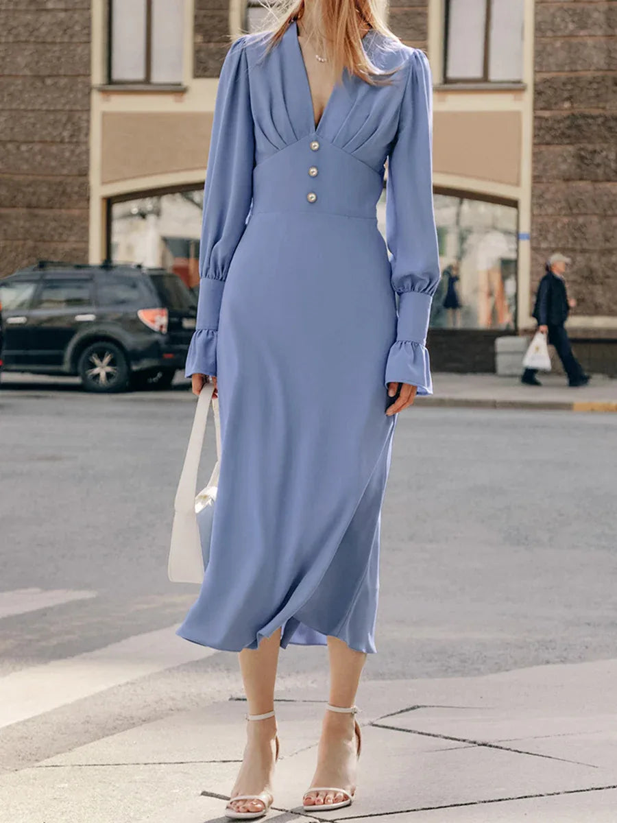 Baby Blue V Neck Long Sleeve Midi Dress