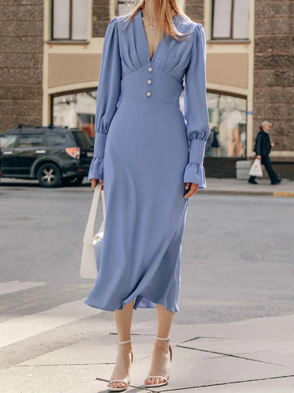 Baby Blue V Neck Long Sleeve Midi Dress