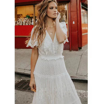 White Lace Maxi Dress with V Neck and Sheer Sleeves