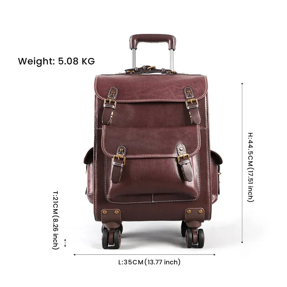 Vintage Leather Trolley Suitcase with Spinner Wheels