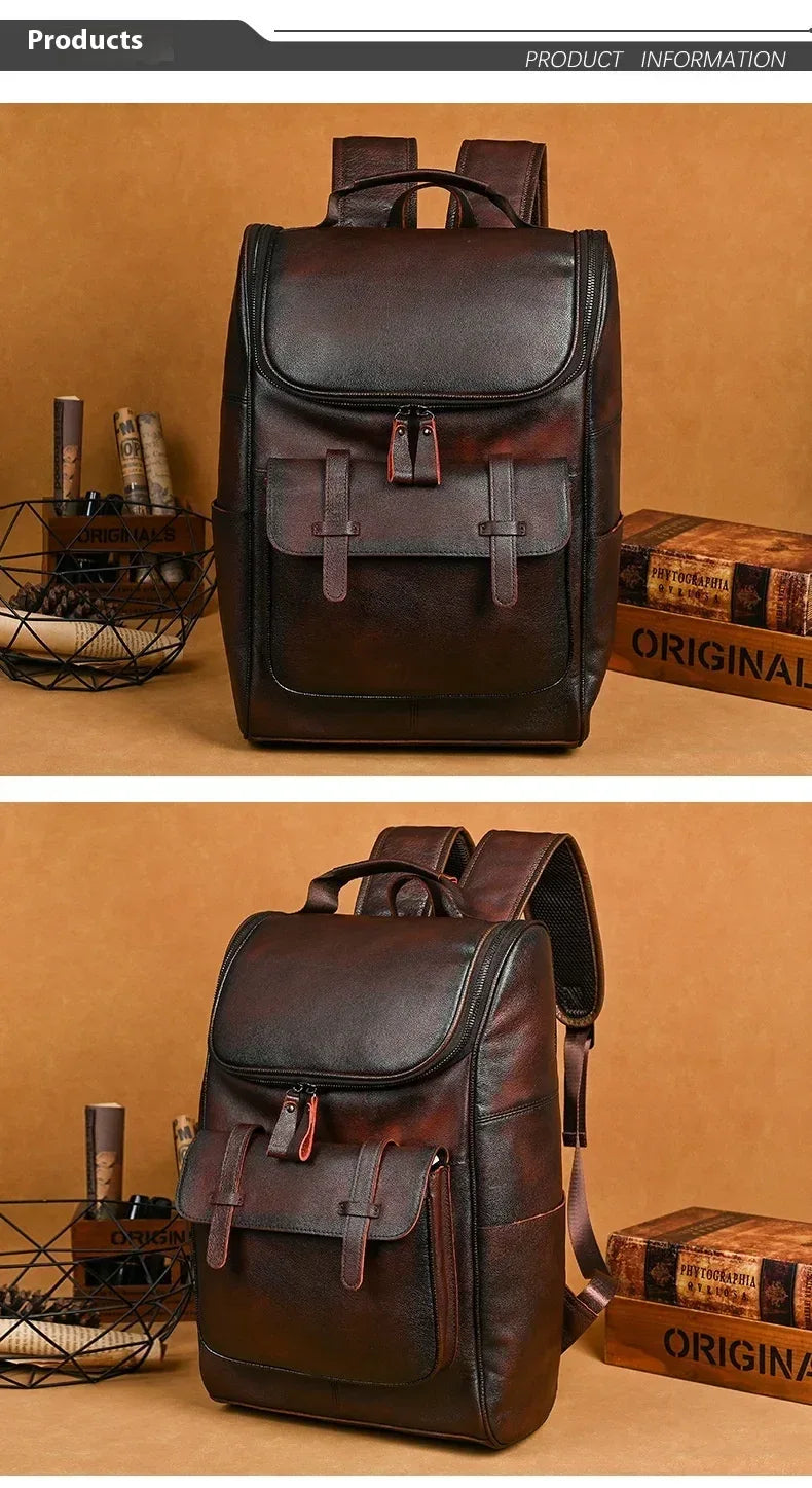 Vintage leather backpack for men featuring brown cowhide, laptop storage, flap closure, front pockets, and classic rucksack styling.