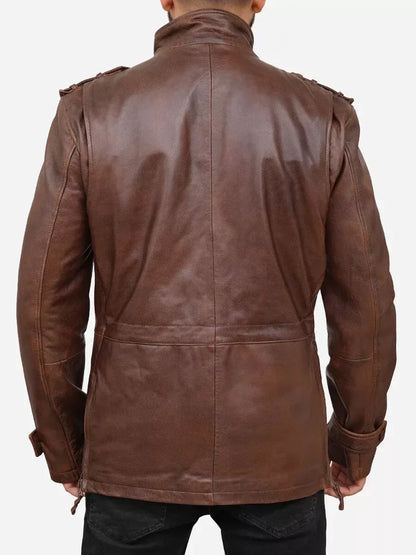 Vintage leather jacket for men with rich brown finish, field jacket shape, chest pockets and practical front storage.