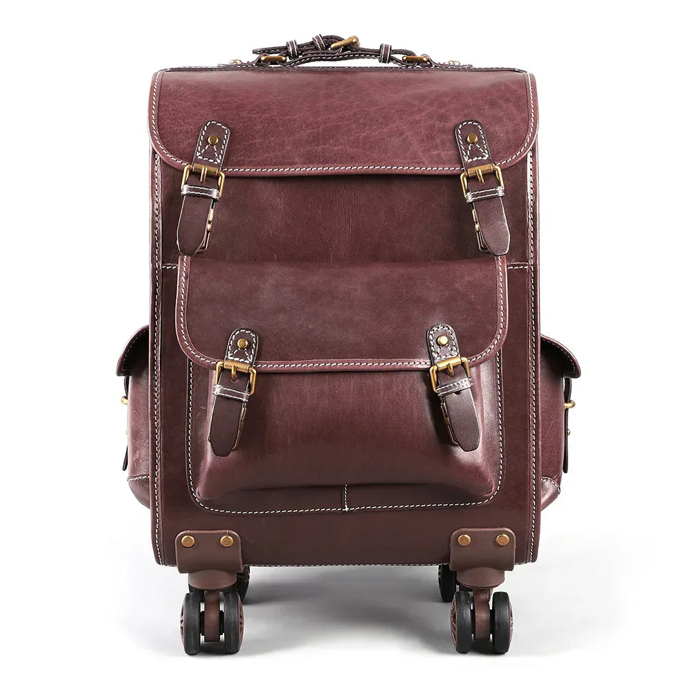 Vintage Leather Trolley Suitcase with Spinner Wheels 2