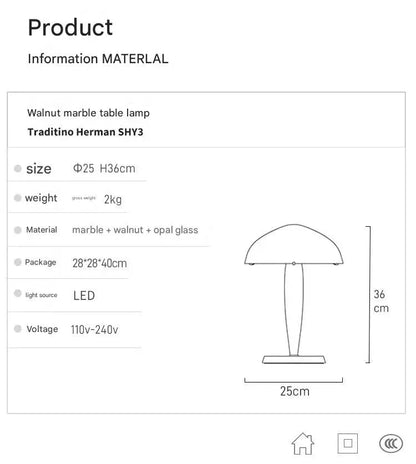 Mid Century Walnut Marble Table Lamp with Opal Glass
