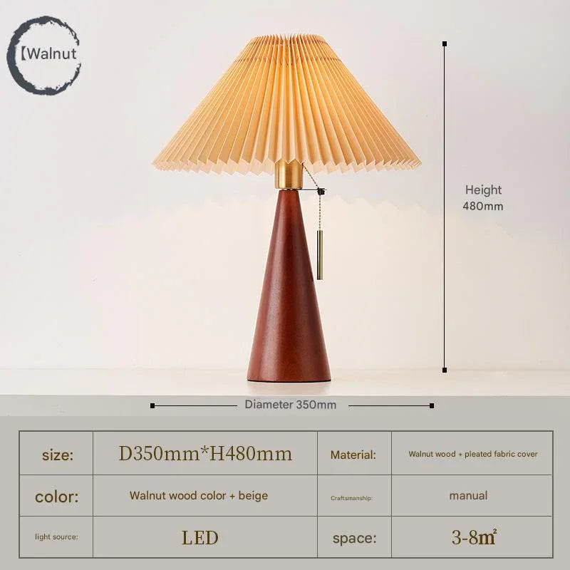 Japanese pleated wooden fabric led table lamp Walnut wood color + apricot lampshade 110V-120V For US CA