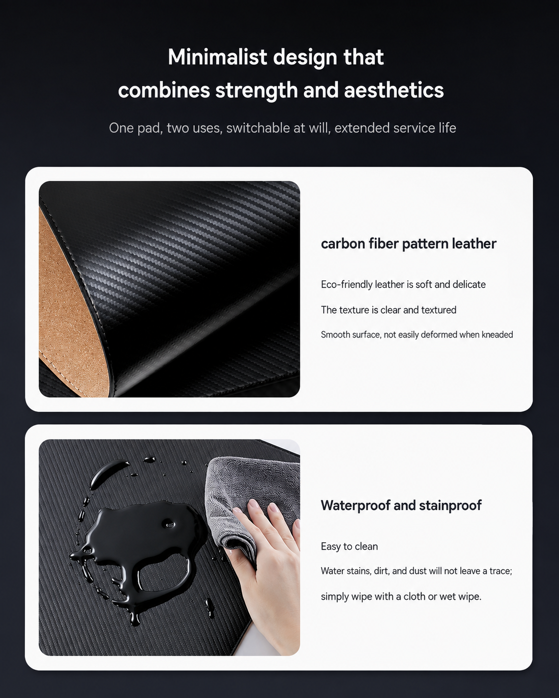 Waterproof carbon fiber desk mat offers an easy-clean surface for busy gaming, study and office desk environments.