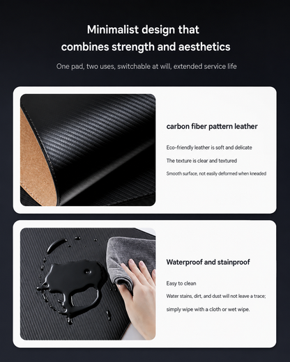 Waterproof carbon fiber desk mat offers an easy-clean surface for busy gaming, study and office desk environments.