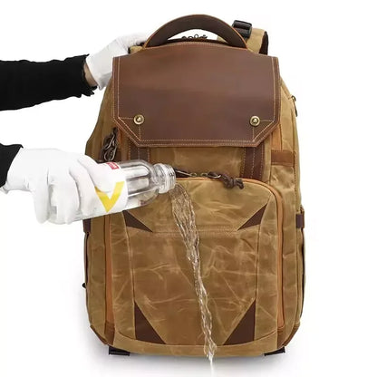 Waxed Canvas Camera Backpack with Leather