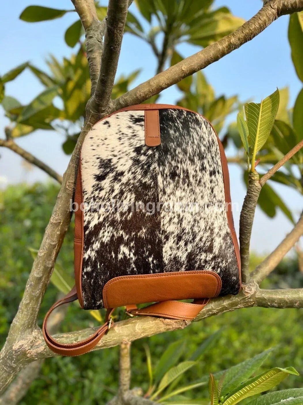 Black White Cowhide Backpack with Brown Leather Trim