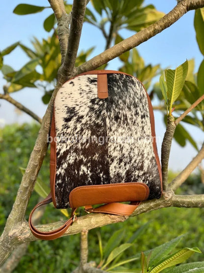 Black White Cowhide Backpack with Brown Leather Trim