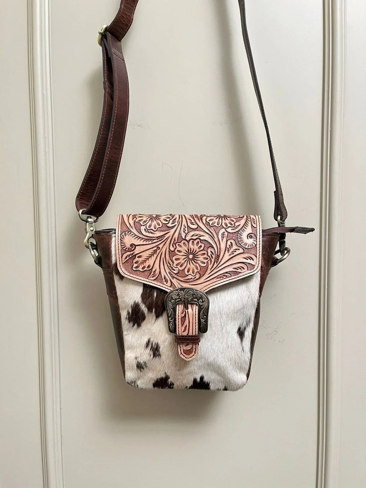 Tooled Cowhide Crossbody Bag with Western Leather Flap