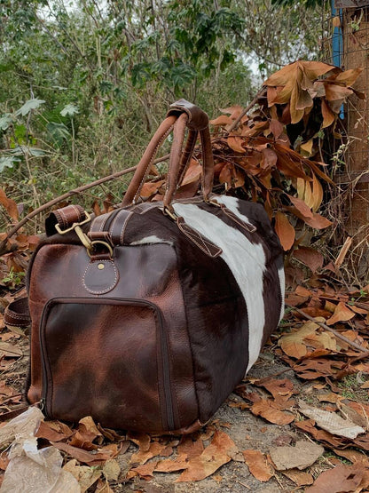 Brown White Cowhide Duffle Bag with Shoulder Strap