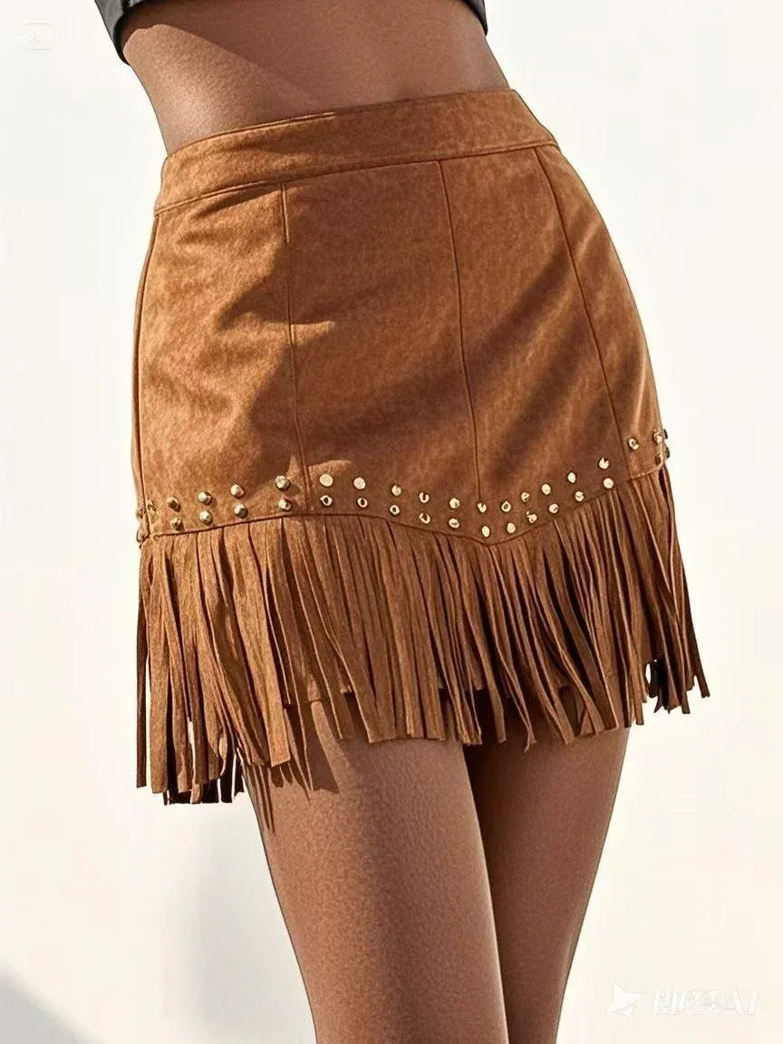 Fringe Hem Western A-Line Skirt for Women