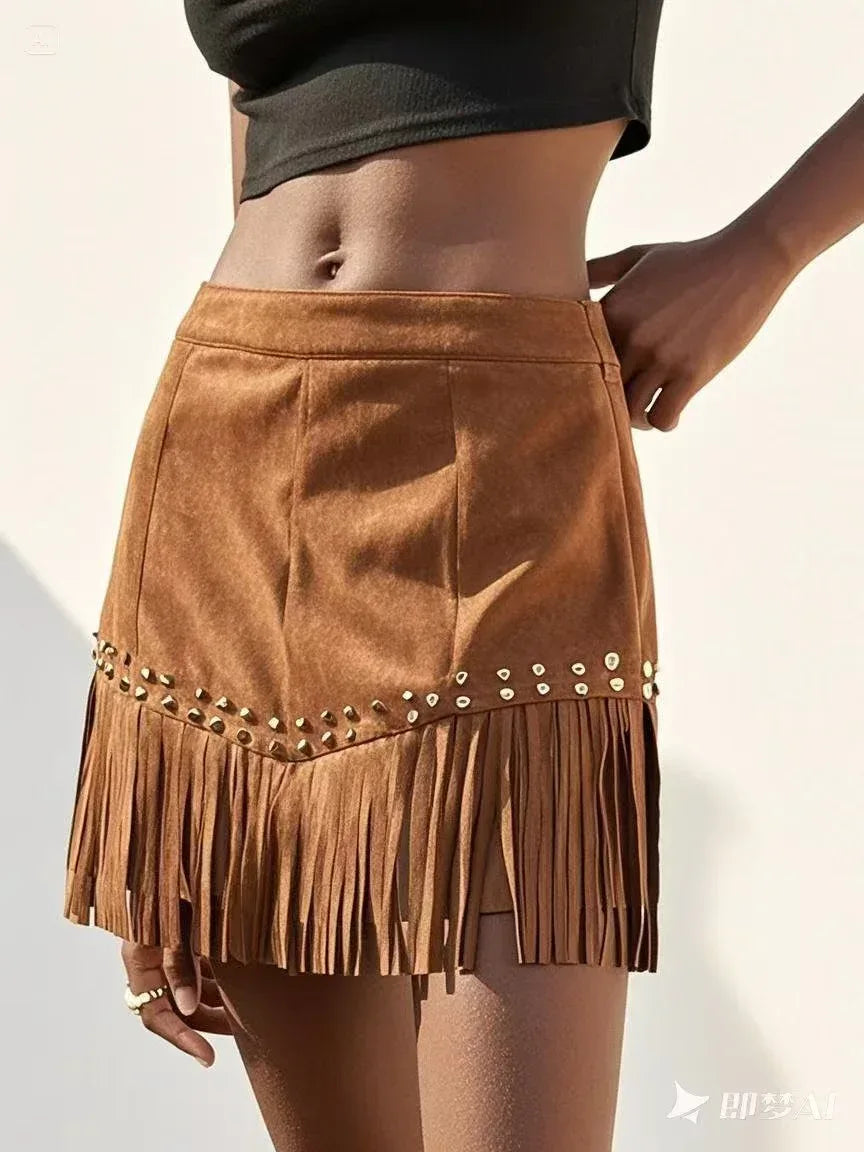 Fringe Hem Western A-Line Skirt for Women