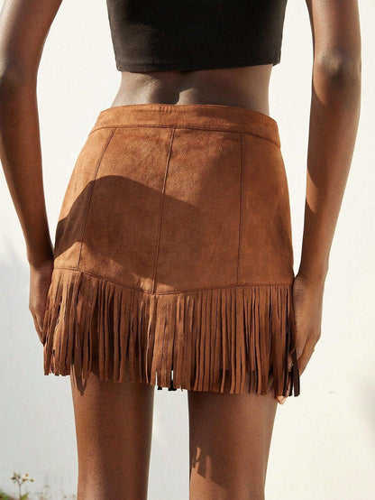 Fringe Hem Western A-Line Skirt for Women
