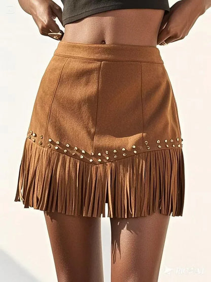 Fringe Hem Western A-Line Skirt for Women