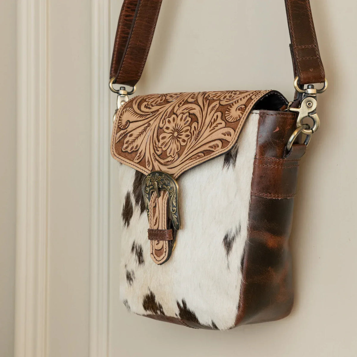 Tooled Cowhide Crossbody Bag with Western Leather Flap