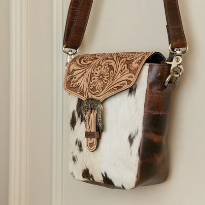 Tooled Cowhide Crossbody Bag with Western Leather Flap