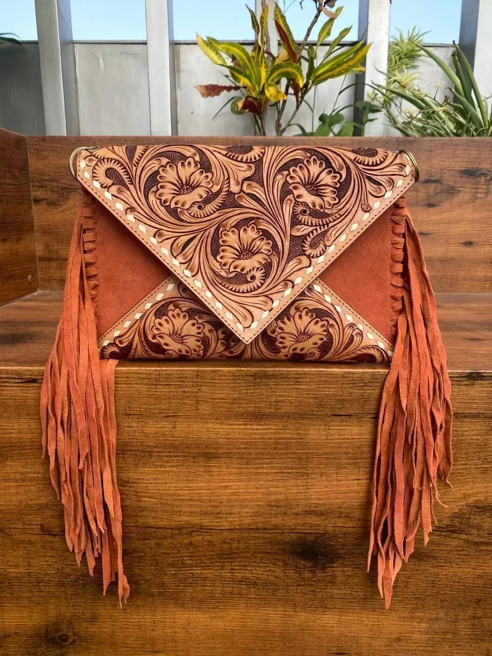 Suede Embossed Leather Tooled Crossbody Bag