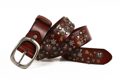 Studded Leather Belt with Skull and Bee Rivets
