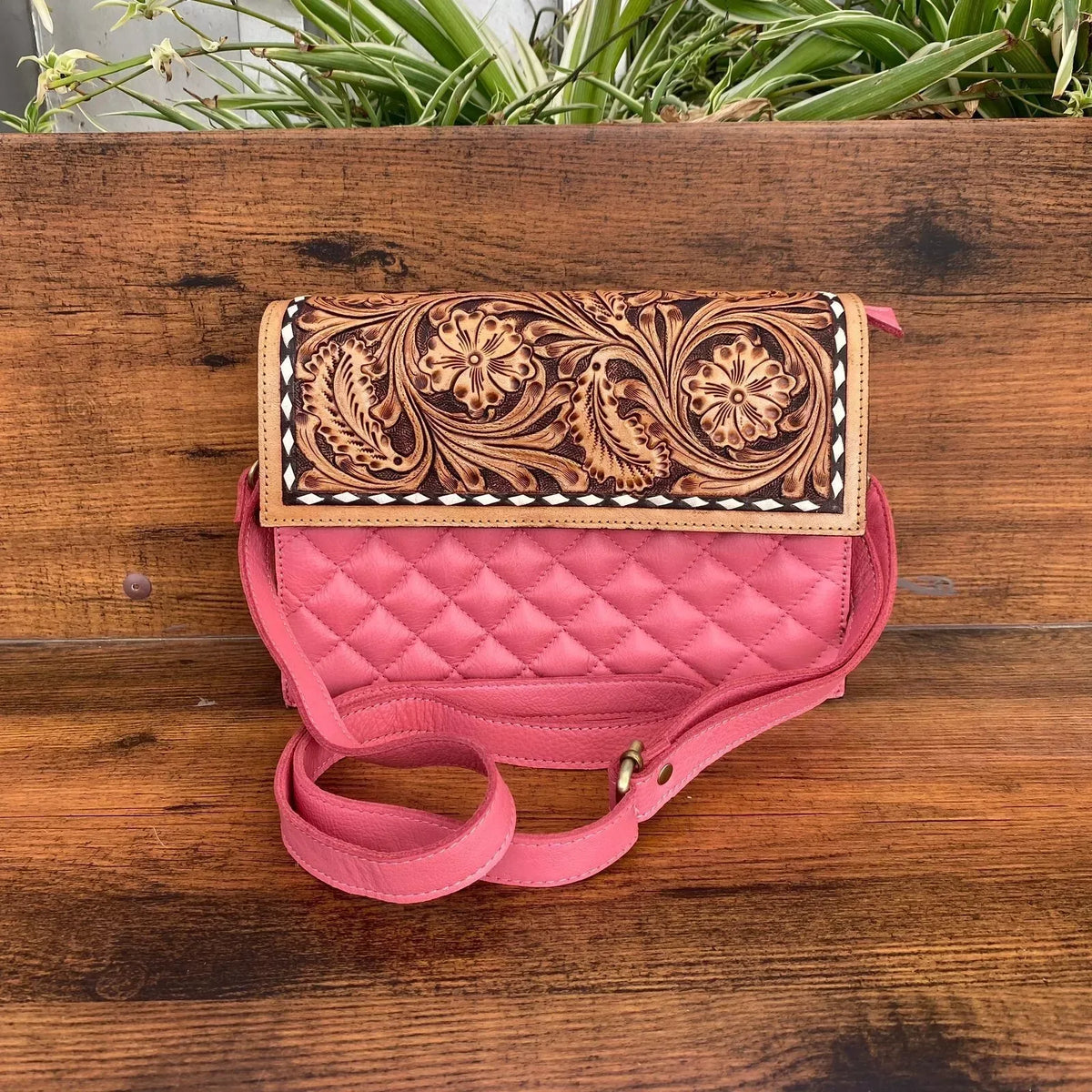 Pink Western Tooled Leather Crossbody Bag
