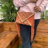 Suede Embossed Leather Tooled Crossbody Bag