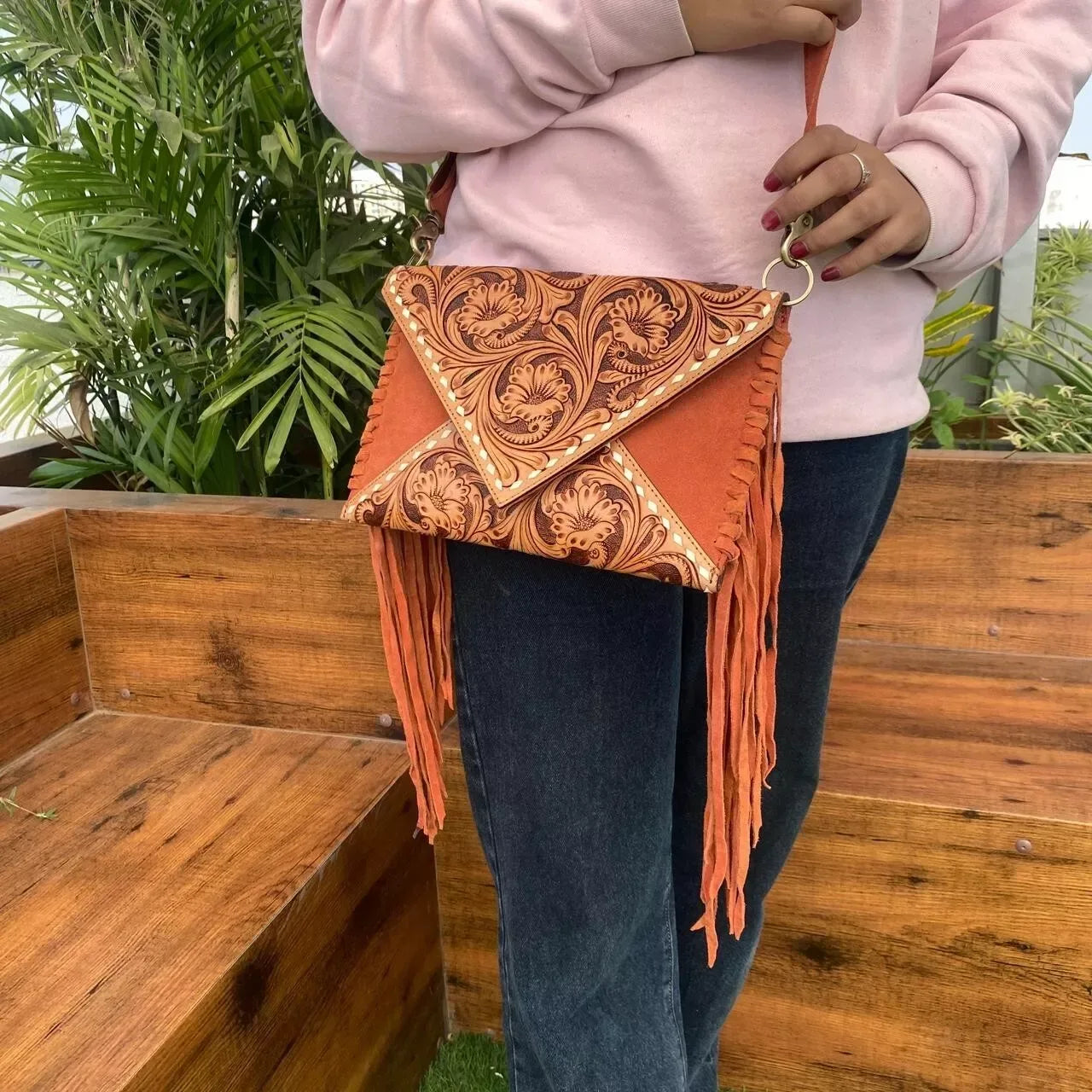 Suede Embossed Leather Tooled Crossbody Bag