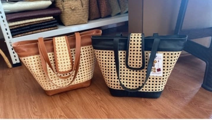 Leather Rattan Beach Tote Handbag