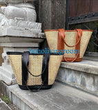 Boho Rattan Leather Tote Bag