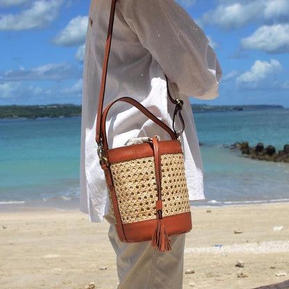 Rattan and Leather Cylinder Crossbody Bag