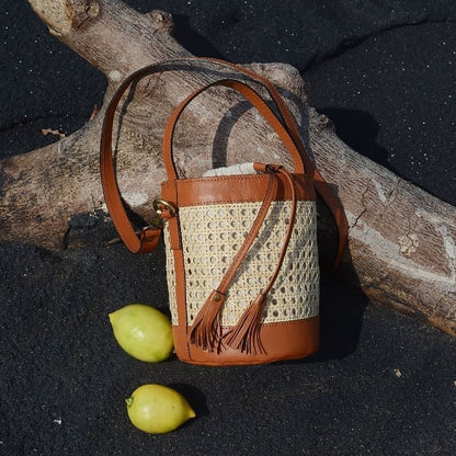 Rattan and Leather Cylinder Crossbody Bag