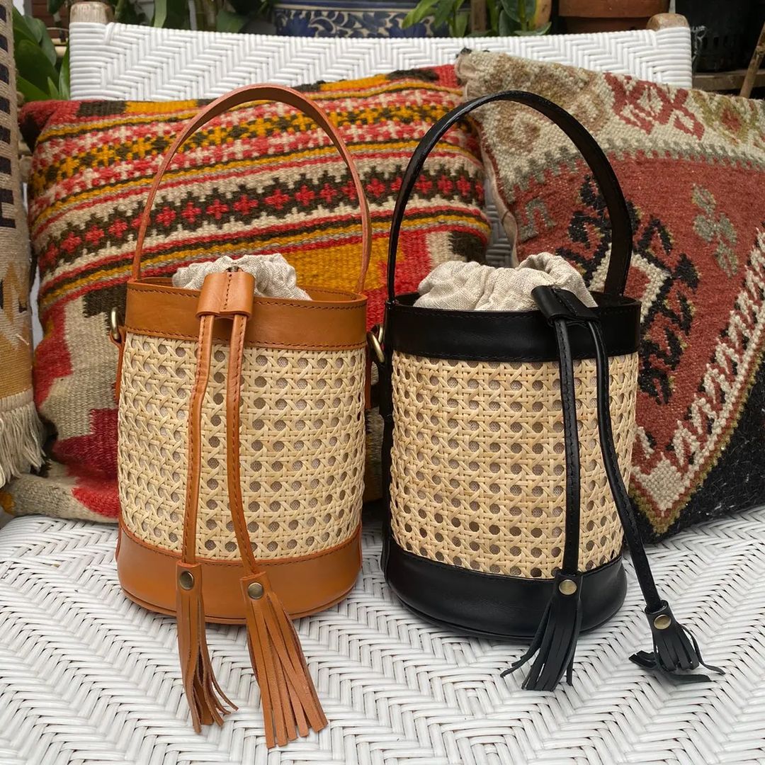 Rattan and Leather Cylinder Crossbody Bag