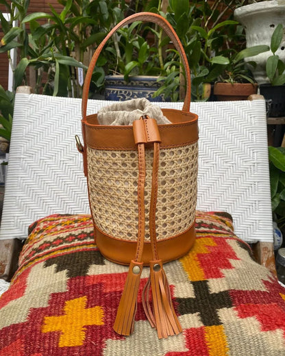 Rattan and Leather Cylinder Crossbody Bag