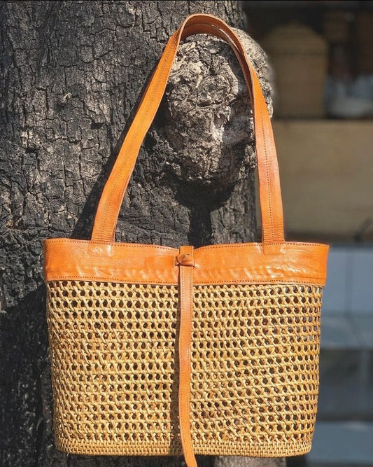 Rattan Cane & leather tote bag