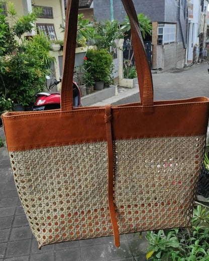 Rattan Cane & leather tote bag