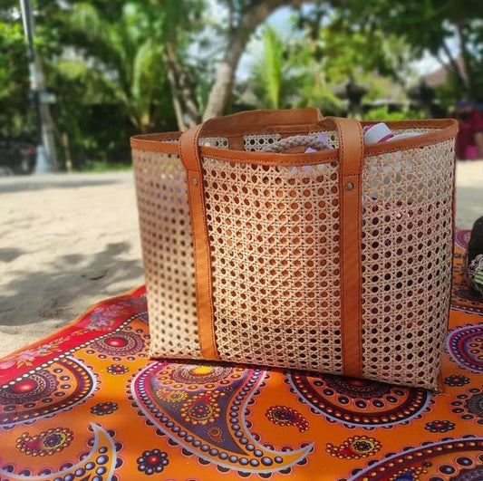 Medium Cane And Leather Tote Bag