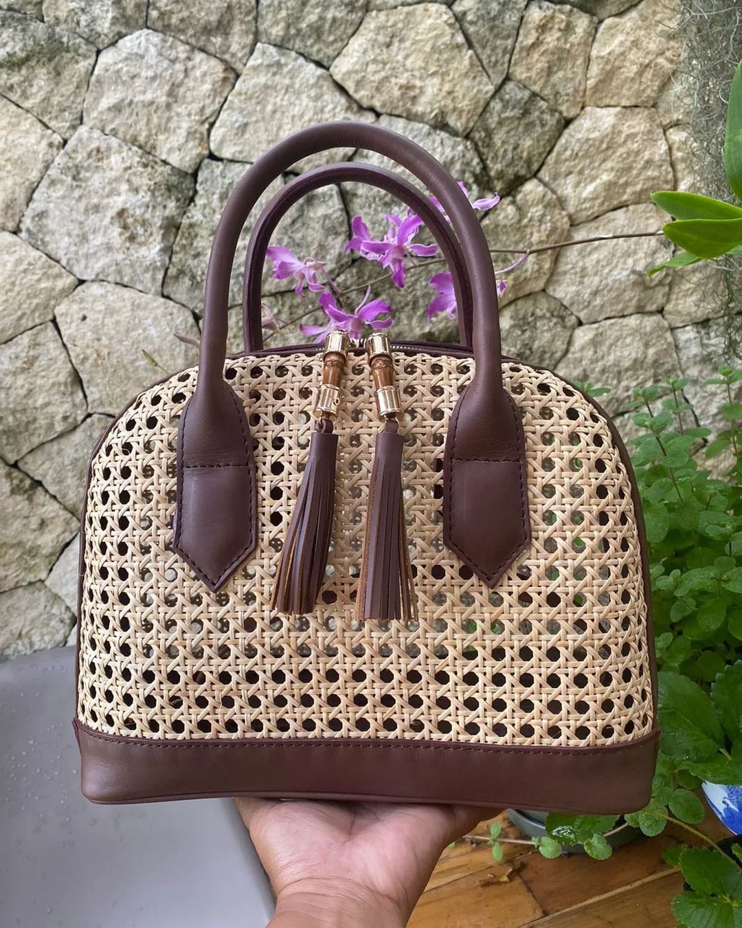 Webbing Rattan Leather Bag