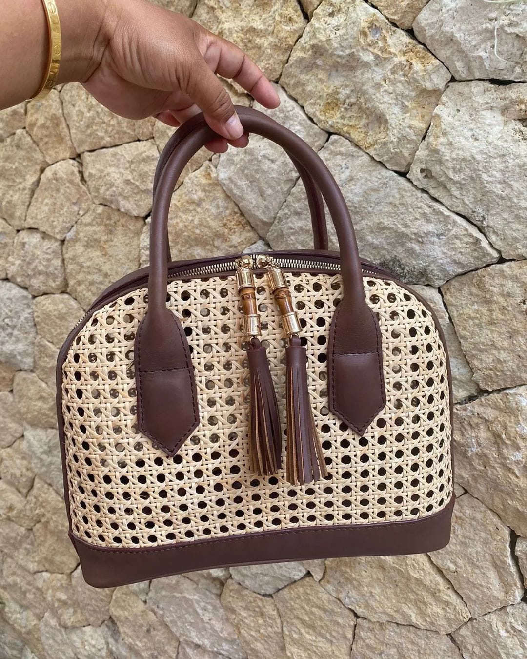 Webbing Rattan Leather Bag