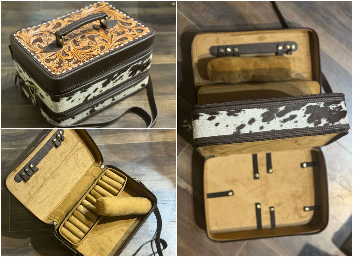 real cowhide tooled leather cosmetic bag