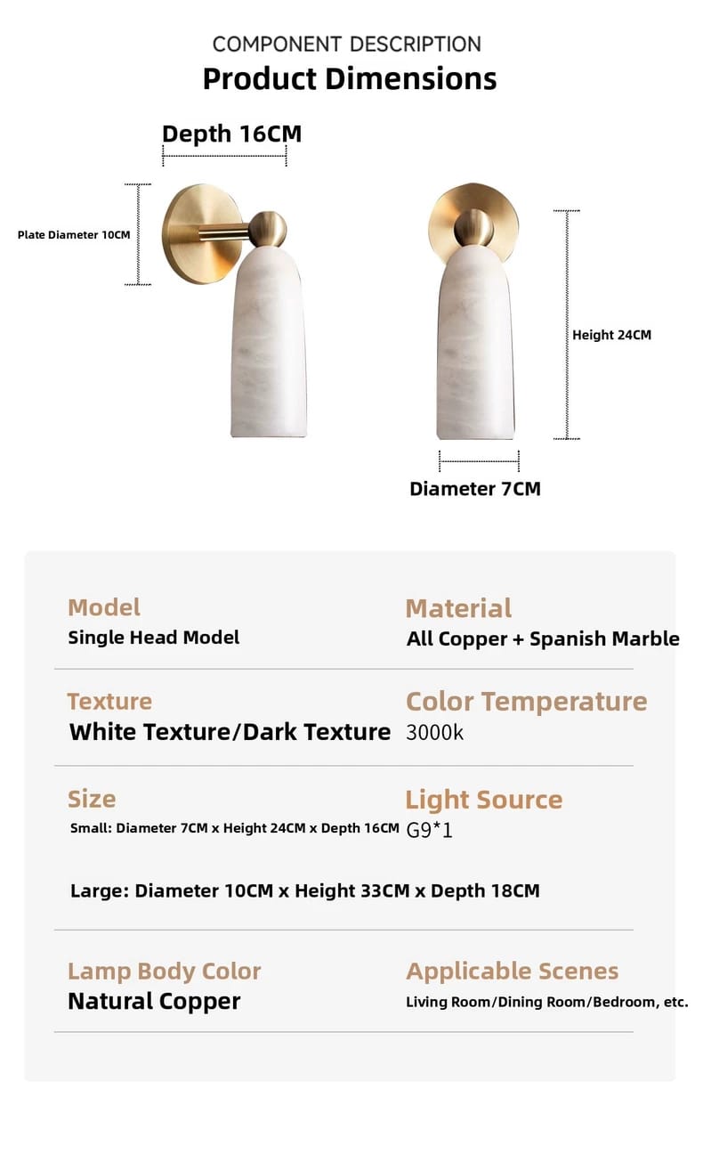 Spanish Marble Wall Lamp Modern Brass and Marble Wall Sconce