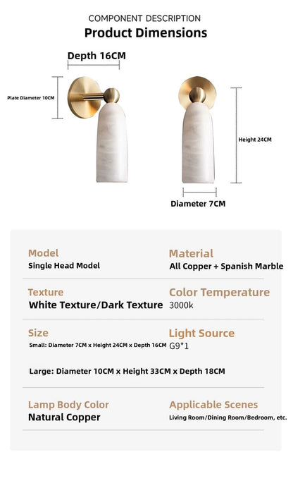 Spanish Marble Wall Lamp Modern Brass and Marble Wall Sconce