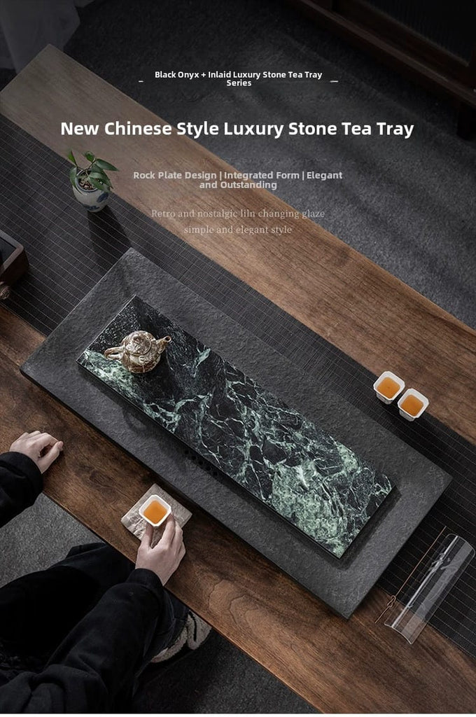 Natural Black Gold Stone Tea Tray With Drainage