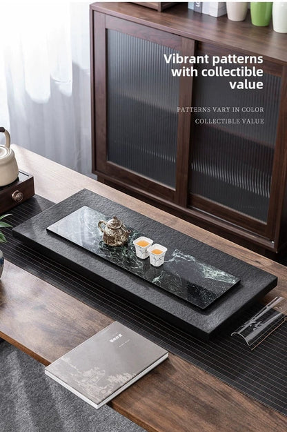 Natural Black Gold Stone Tea Tray With Drainage