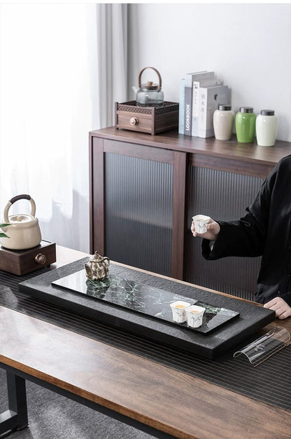 Natural Black Gold Stone Tea Tray With Drainage