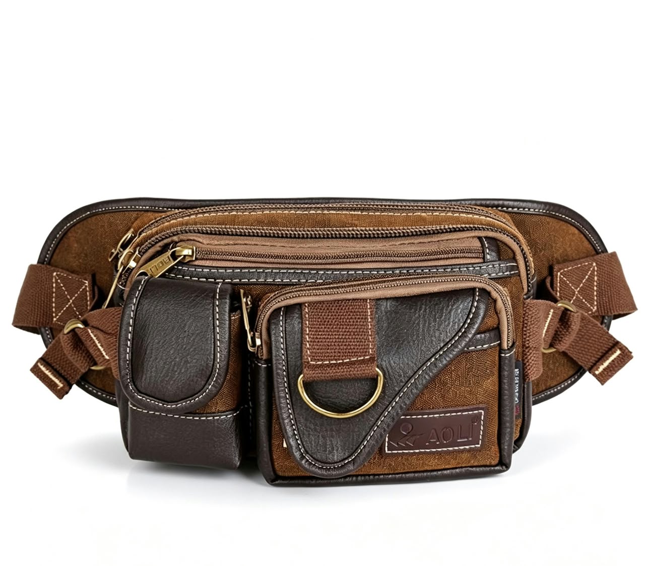 Men’s Canvas Waist Bag with Multi Pocket Leather Trim