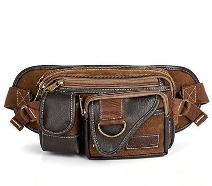 Men’s Canvas Waist Bag with Multi Pocket Leather Trim
