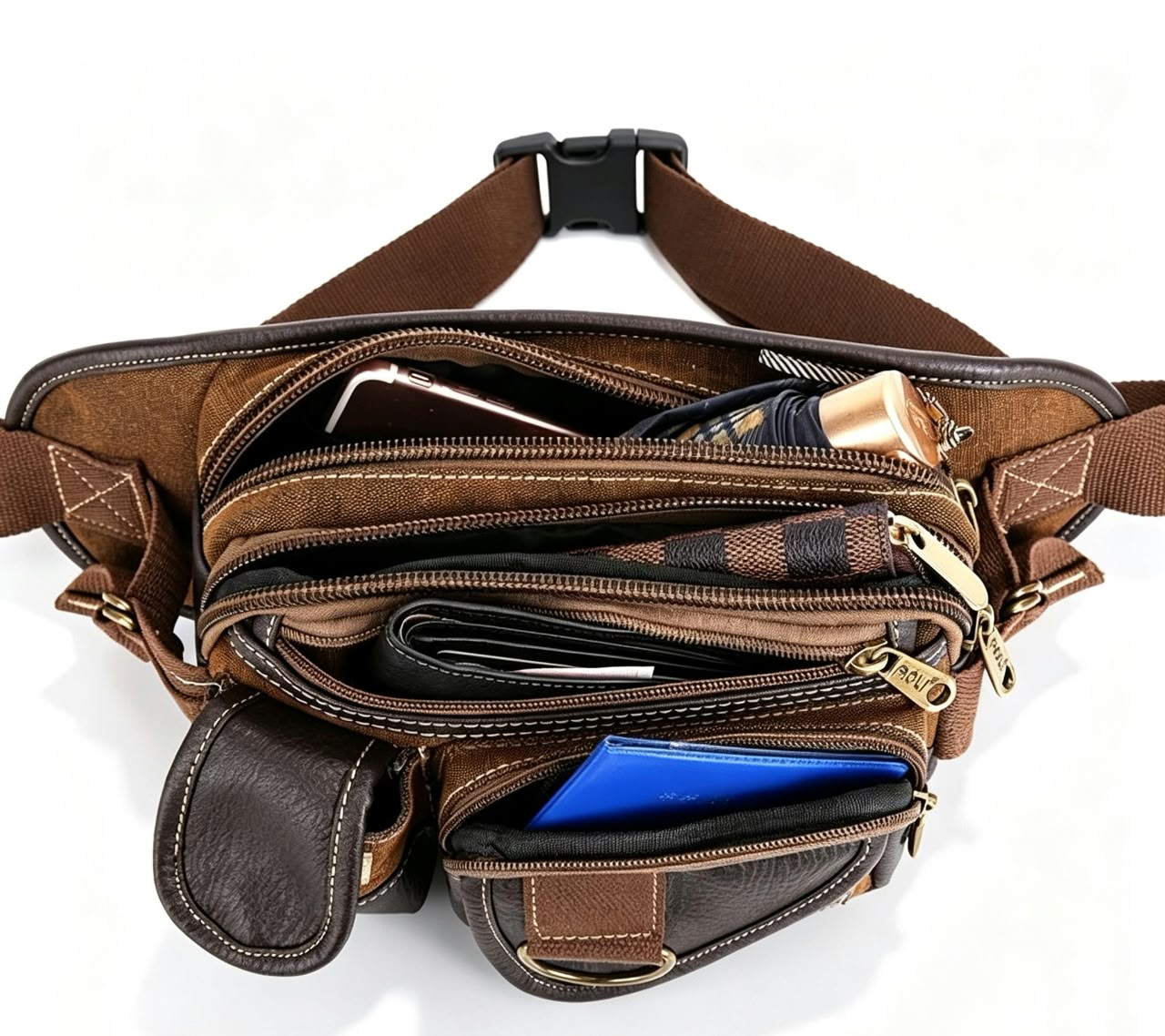 Men’s Canvas Waist Bag with Multi Pocket Leather Trim