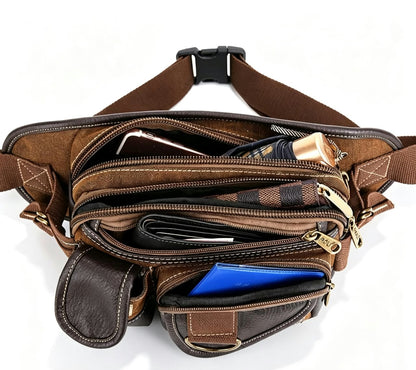 Men’s Canvas Waist Bag with Multi Pocket Leather Trim
