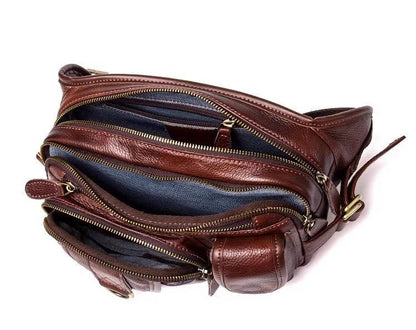 Brown Men’s Leather Waist Bag with Multi Pocket Storage