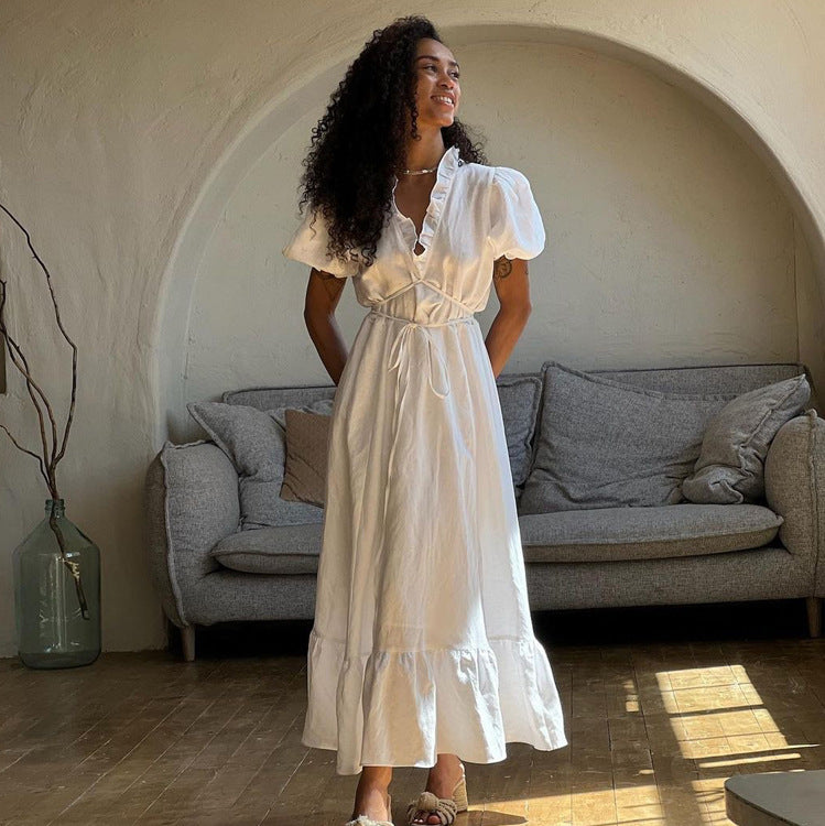 white v neck tie waist maxi dress with puff sleeves White S